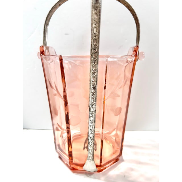 Vintage Pink Depression Glass Ice Bucket With Floral Etching and Silverplate Tongs For Sale - Image 9 of 9