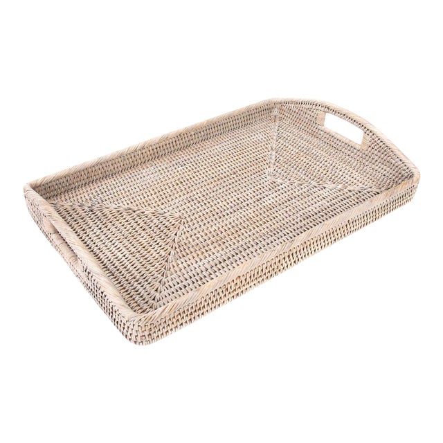 Artifacts Rattan Rectangular Serving Tray with High Handles in White Wash - 21" For Sale
