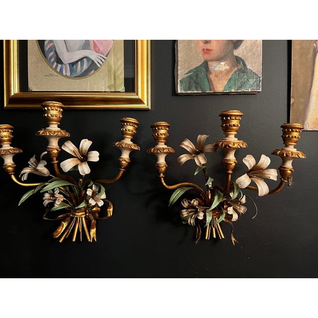 Art Deco Italian Tole Floral Gilt Sconces - A Pair For Sale - Image 3 of 9