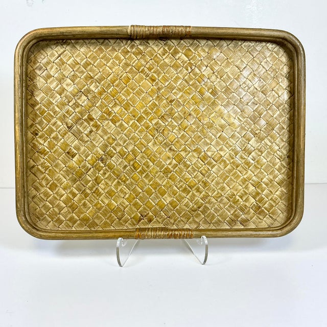Boho Chic Mid-Century Boho Chic Coastal Gold Gilt Washed Wicker and Bentwood Tray For Sale - Image 3 of 15
