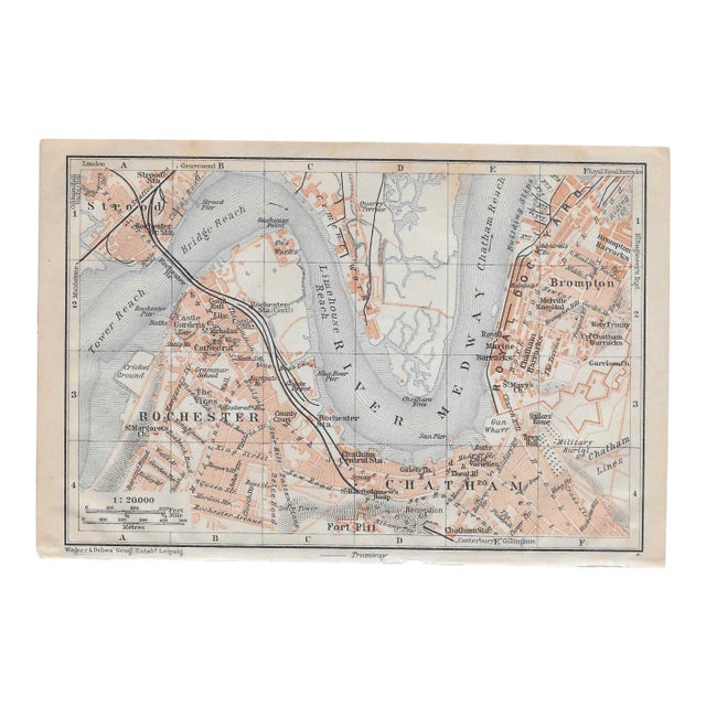 1910 Antique Map of Rochester & Chatham England For Sale