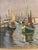 A beautifully atmospheric vintage French oil painting capturing a quiet harbor scene, likely inspired by the southern...