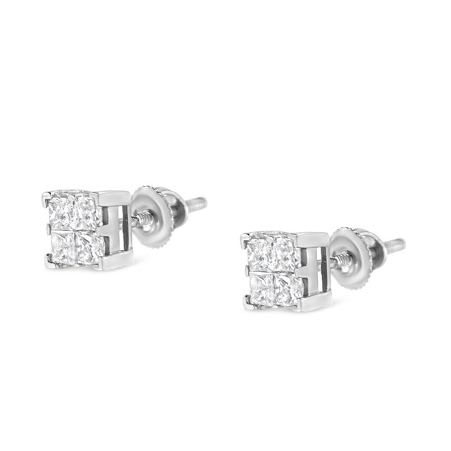 10K White Gold 3/4 Cttw Invisible Set Princess-Cut Diamond Composite Square Stud Earrings (H-I Color, SI2-I1 Clarity) For Sale - Image 4 of 6
