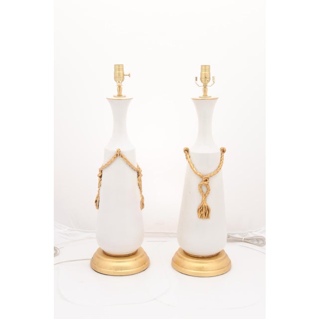 1960s Pair of Large Signed Italian Marbro Ceramic + Gilt Tassel Lamps, 1960s For Sale - Image 5 of 12