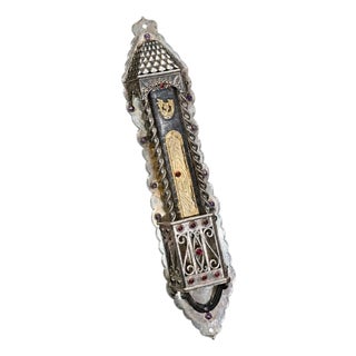 Large Palace Size Sterling Silver and Gold Mezuzah Case With Garnet and Amethyst For Sale