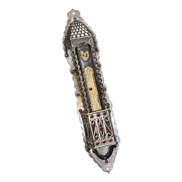Large Palace Size Sterling Silver and Gold Mezuzah Case With Garnet and Amethyst For Sale