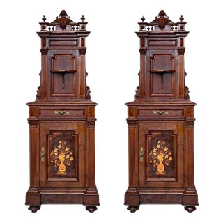 19th Century French Walnut Neoclassical Nightstands with Large Crest, A Pair For Sale