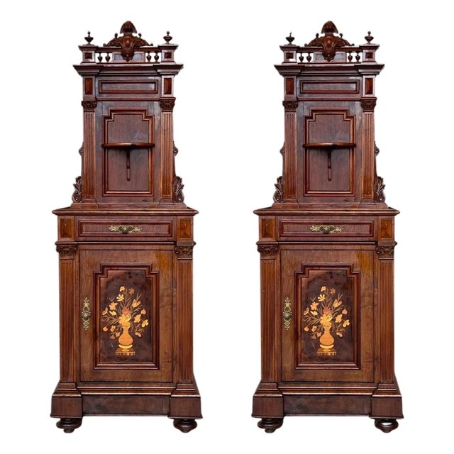 19th Century French Walnut Neoclassical Nightstands with Large Crest, A Pair For Sale