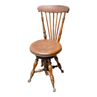1890s Antique Quarter Sawn Oak High Back Organ Stool With Claw Feet For Sale