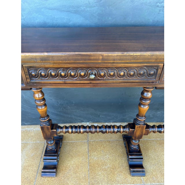 1930s Spanish Carved Wood Console Table With Two Drawers Signed by Valenti For Sale - Image 5 of 16
