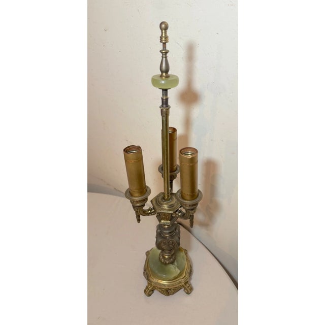 Rembrandt Lamp Company Vintage Ornate Rembrandt Cast Iron Green Onyx Stone 3 Arm Electric Table Lamp For Sale - Image 4 of 11