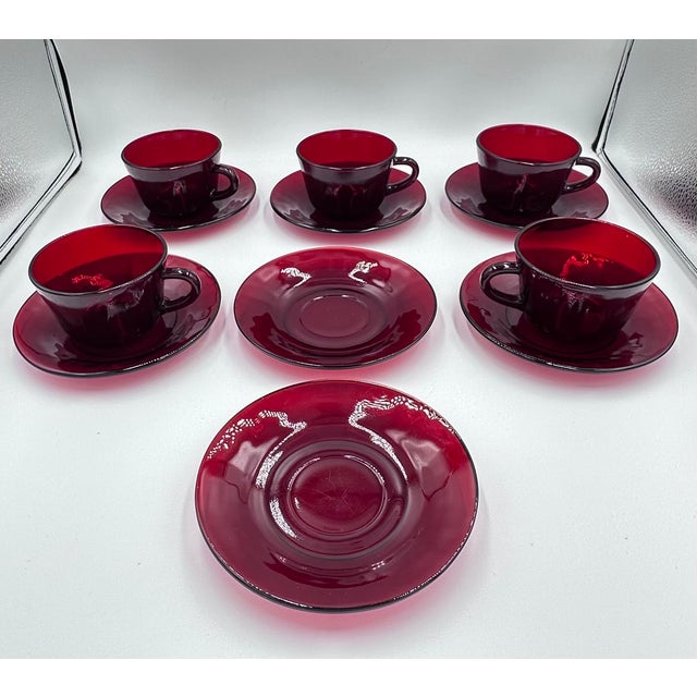 1930's Baltic Royal Ruby by Anchor Hocking Cup & Saucer 12pc Set For Sale In Palm Springs - Image 6 of 11