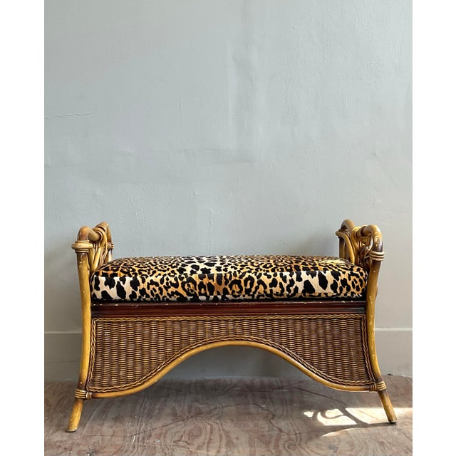 Wood Vintage Coastal Woven Rattan Leopard Bench For Sale - Image 7 of 8