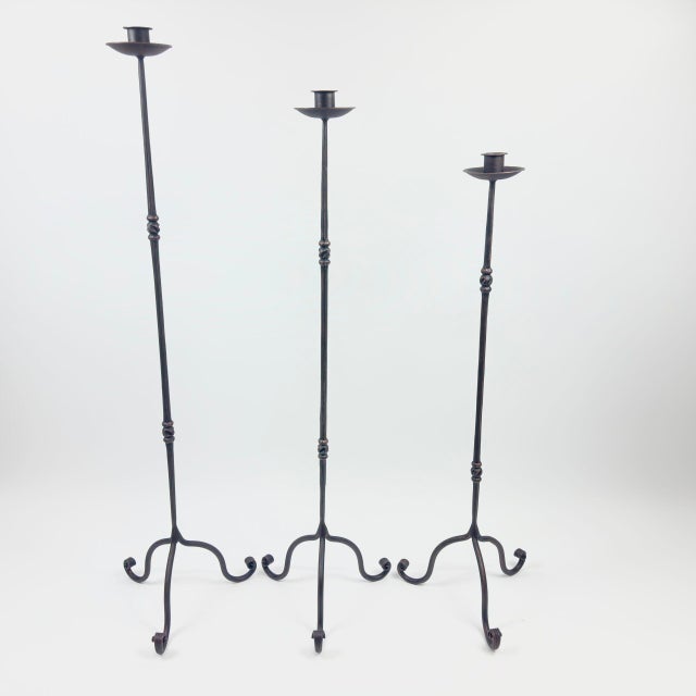 Hand Forged Iron Candelabra Set of 3 (93-113cm) Antique Copper Finish Twisted Stem Floor Set For Sale - Image 6 of 6