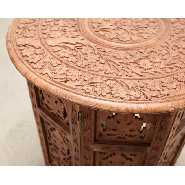 Wood Moorish Style Carved Teak Inlaid Round Tabouret Drink Table For Sale - Image 7 of 15