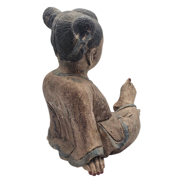 Hand Carved Asian Seated Girl Wood Sculpture 13.5" For Sale In San Francisco - Image 6 of 11