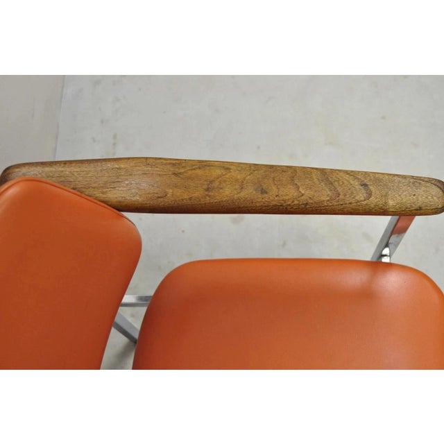 Vintage Mid Century Modern Orange Chrome Frame Sloped Wood Arm Side Desk Chair For Sale In Philadelphia - Image 6 of 12