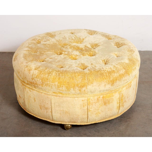 Vintage Mid Century Tufted Yellow Velvet Round Ottoman | Chairish
