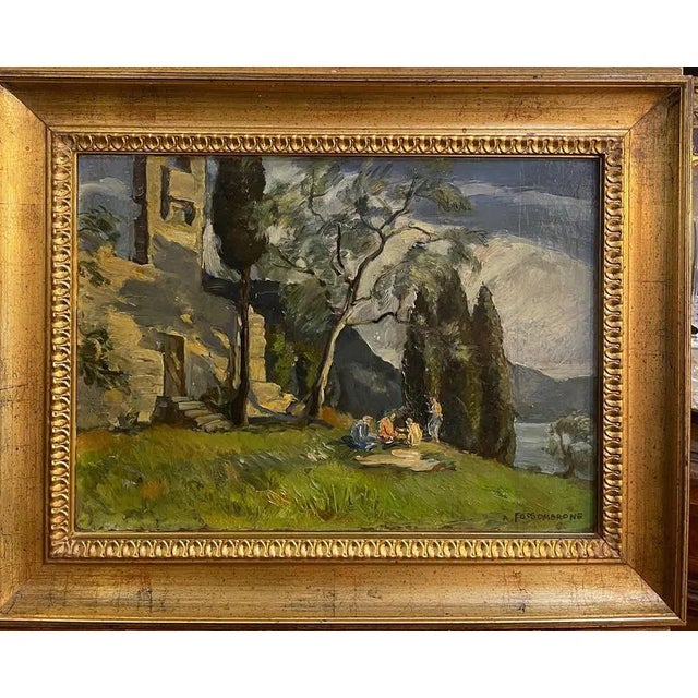 Fossombrone, Landscape with Figures, Oil on Panel, Framed For Sale