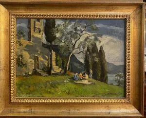 Fossombrone, Landscape with Figures, Oil on Panel, Framed