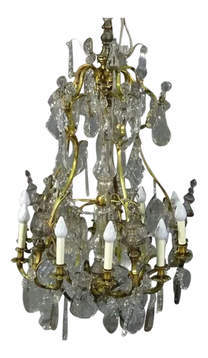 Brass Louis XVI Style 1930s Crystal Pendant Chandelier With Crystal Spires