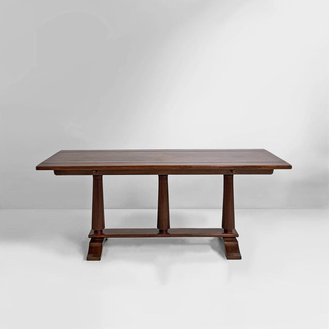 Italian art deco extending wooden console, 1970s Art Deco-style extending wooden console table with a top featuring a...