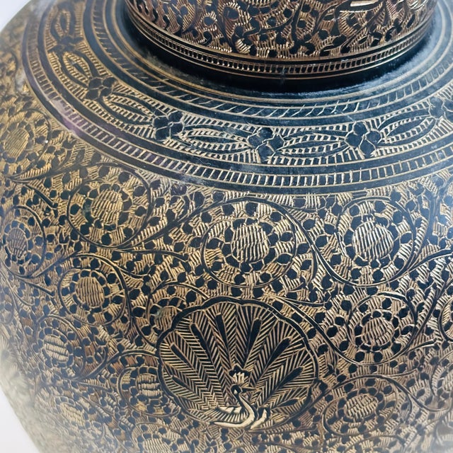 Brass Large 13" Etched Brass Vase With Peacock Design For Sale - Image 8 of 11