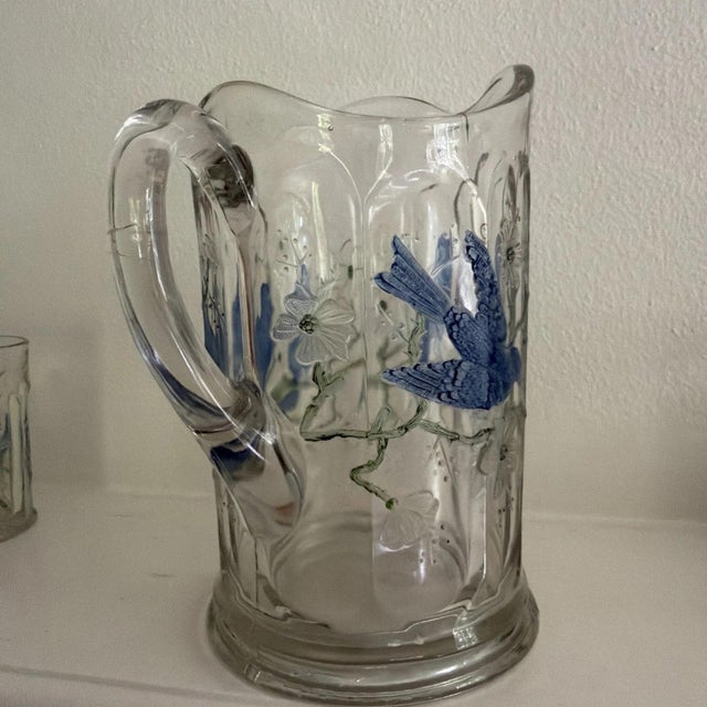 Art Nouveau Early 20th Century Hand Painted Water / Wine Pitcher & 4 Matching Glasses For Sale - Image 3 of 4