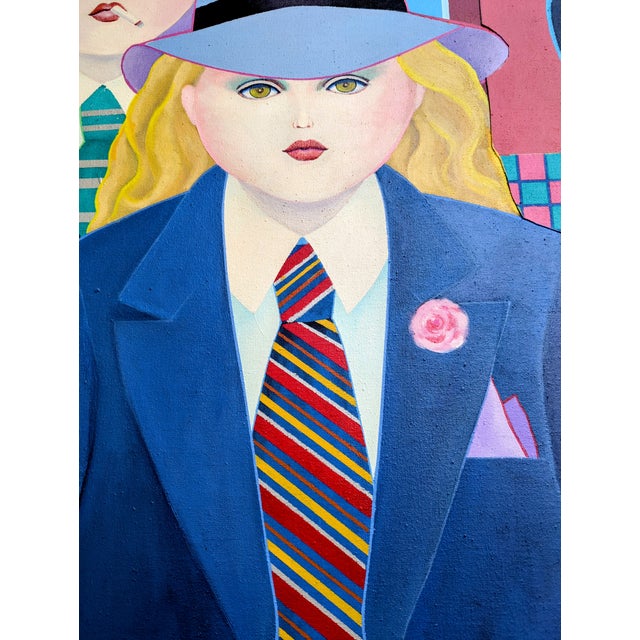 This piece plays with themes of gender and consumerism, depicting women in otherwise high femme presentation wearing suits...