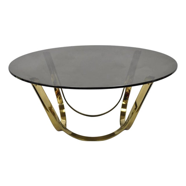 Mid 20th Century Tri-Mark Mid Century Modern Brass Plated Steel Smoked Glass Arch Coffee Table For Sale