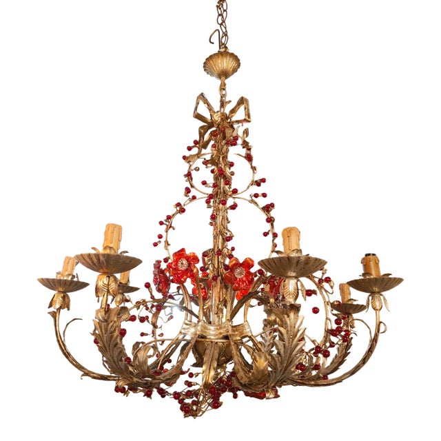 1940s French Gilt Metal Floral Chandelier With Red Glass Berry Accents, Marseille For Sale