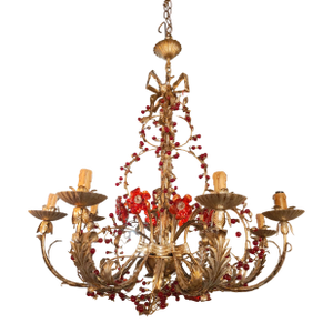 1940s French Gilt Metal Floral Chandelier With Red Glass Berry Accents, Marseille