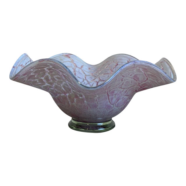 Ruffled Art Glass Centerpiece Bowl Pink and White Mottled Murano Style 1970s For Sale