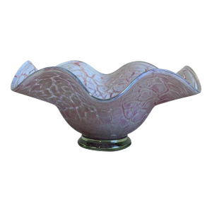 Ruffled Art Glass Centerpiece Bowl Pink and White Mottled Murano Style 1970s