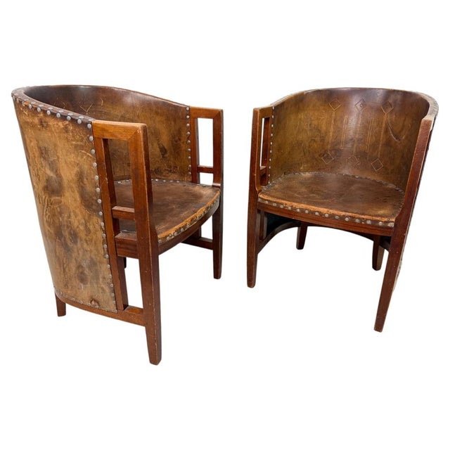 Viennese Secession Geometric Leather Tub Armchairs from Josef Hoffmann, 1905, Set of 2 For Sale - Image 15 of 15