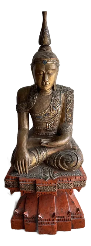 Large Seated Buddha Sculpture in Carved Base Gilded Wood