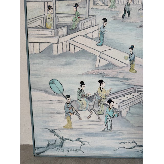 1970’s Mary Rohloff Figurative Asian Landscape Scene Acrylic on Canvas Paintings – A Pair For Sale - Image 10 of 12