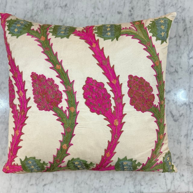 Handmade hand embroidered suzani pillow in beautiful vibrant colors. Solid reverse with zipper and filled with new feather...