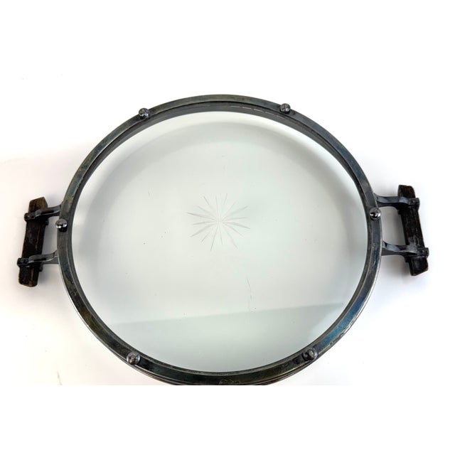 Silver Mid 20th Century Silverplate Gallery Tray With Cut Glass Starburst Design and Wood Handles For Sale - Image 8 of 8