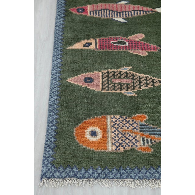 Koi Fish Olive Green Hand Knotted Runner Rug 2.6x12Ft. For Sale - Image 18 of 18