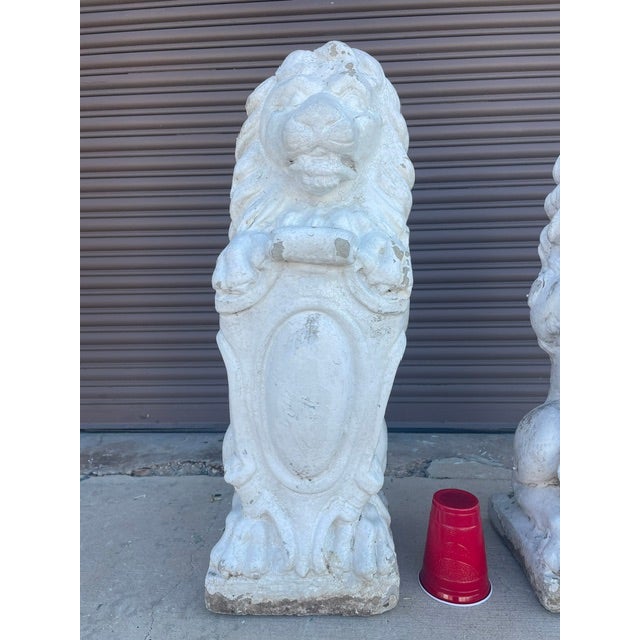 1910s Pair of Early 20th Century Cast Concrete Shield-Bearing Lions — Rescued Asheville, Nc Estate For Sale - Image 5 of 10