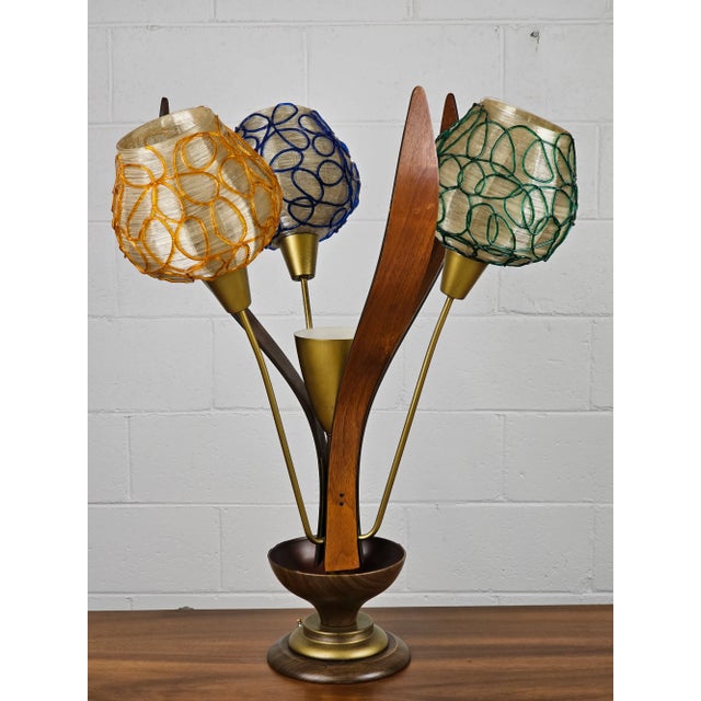 This Three Headed Sculpted Walnut & Lucite Spaghetti Lamp Commands Attention! In Excellent Condition, The Lamp Can Be Used...