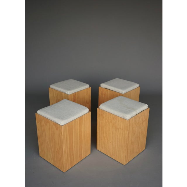 A set of well made plywood stools with wool cushions. Possibly of Dutch origin and made in the early 1990s. The stools...