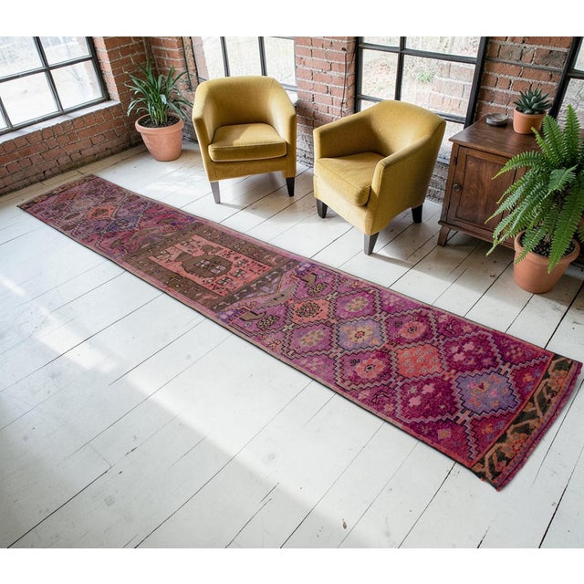 Shabby Chic Hand-Knotted Turkish Runner Rug . Low Pile Full Tribal Design Narrow Runner Rug 2′2″ × 13′4″ For Sale - Image 3 of 16