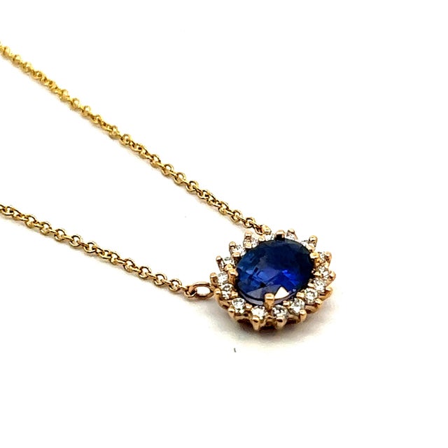 Natural Sapphire Diamond Halo Pendant With Chain 18" 14k YG 1.67 TCW Certified For Sale - Image 4 of 15