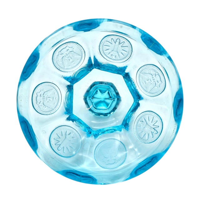 Fostoria Aqua Ice Blue Coin Glass Covered Candy Jar With Finial Lid For Sale - Image 13 of 13