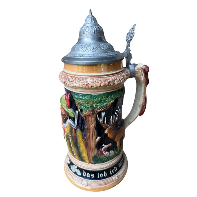 Large 2l German Stein With Hunter, Stag, and Squirrel Handle For Sale - Image 11 of 11