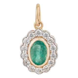 Zambian Emerald Diamond Halo Floral Victorian Pendant in 14k Yellow Gold For Sale