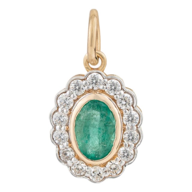 Zambian Emerald Diamond Halo Floral Victorian Pendant in 14k Yellow Gold For Sale