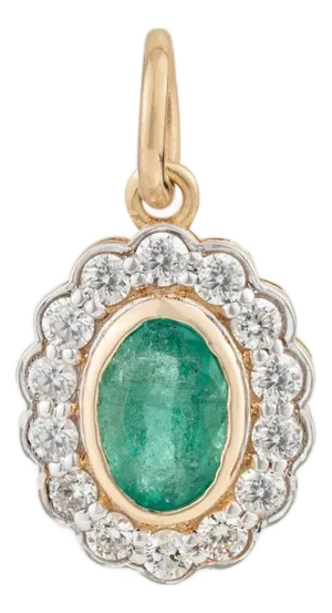 Zambian Emerald Diamond Halo Floral Victorian Pendant in 14k Yellow Gold